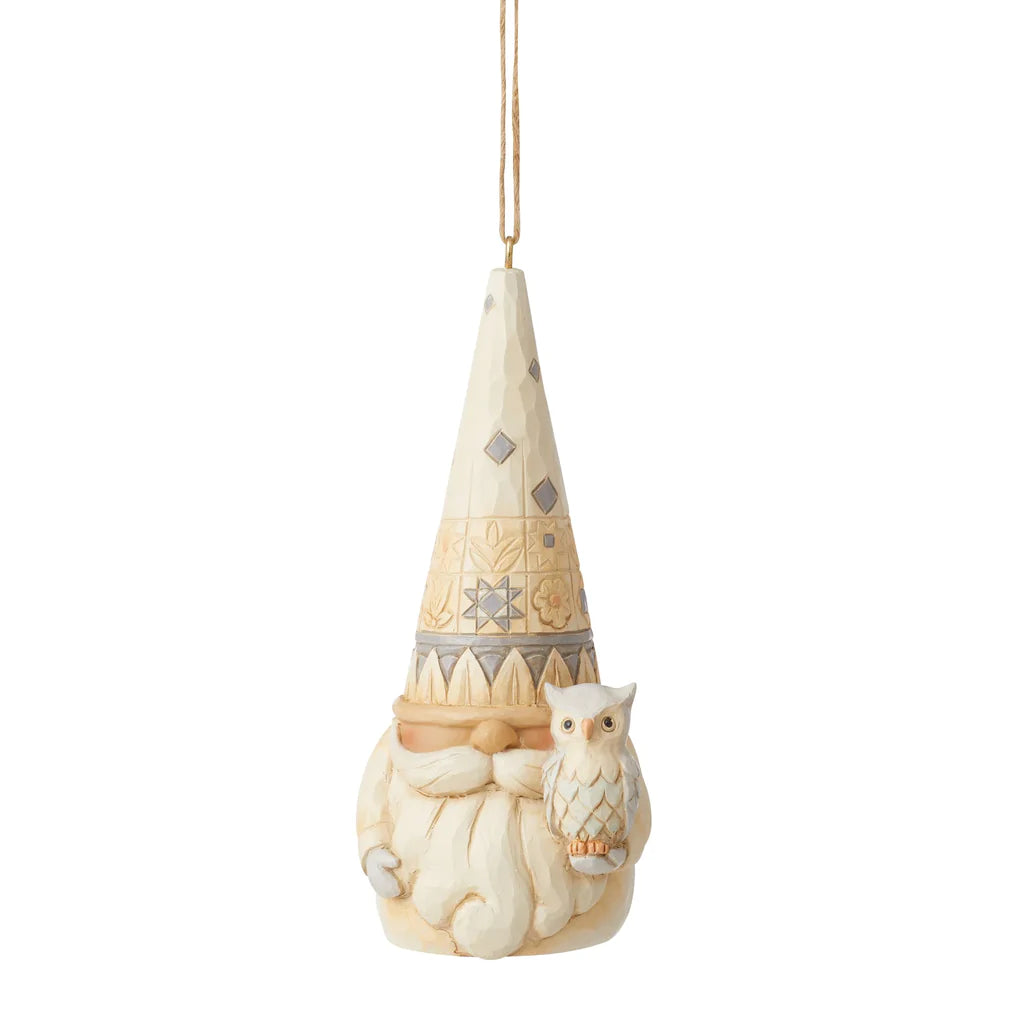 White Woodland Gnome Holding Owl Ornament